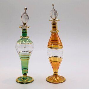 Hand Blown‎ Perfume Bottles Pair Lot 2 Glass Art Green Gold